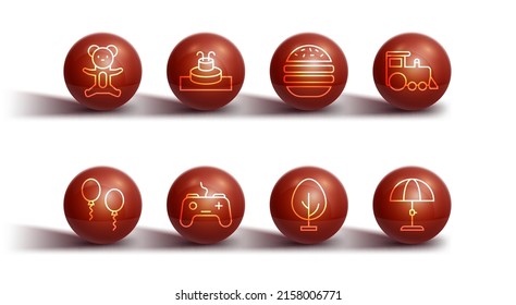 Set line Teddy bear plush toy, Balloons, Toy train, Tree, Gamepad, Fountain, Sun protective umbrella and Burger icon. Vector
