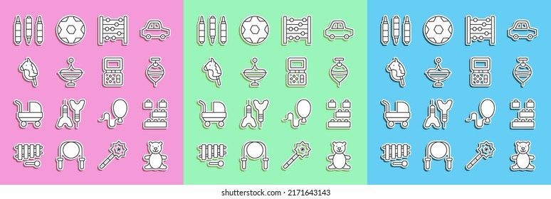 Fija la línea de juguete de peluche de oso Teddy, ladrillos de bloques de construcción de juguetes, Whirligig, Abacus, caballo, bolígrafo de marcador e icono de juego electrónico Tetris. Vector