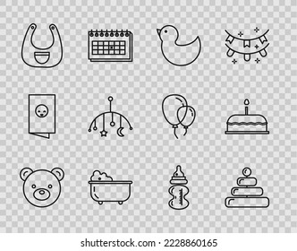 Set line Teddy bear plush toy, Pyramid, Rubber duck, Baby bathtub, bib, crib hanging toys, bottle and Cake with burning candles icon. Vector