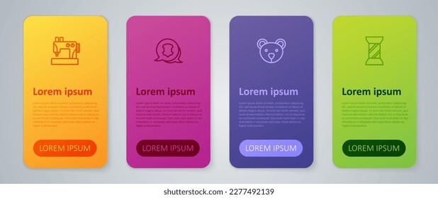 Fijar la línea de juguete de peluche de oso de Teddy, hilo de coser en la piscina, máquina y cuero. Plantilla de infografía empresarial. Vector