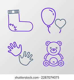 Set line Teddy bear plush toy, Baby hands print, Balloons form of heart and socks clothes icon. Vector