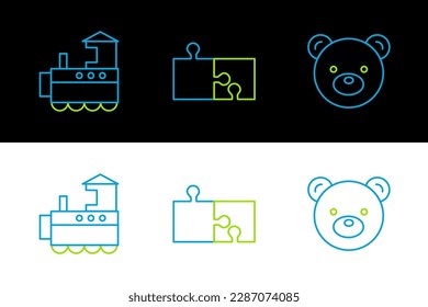 Fija la línea de juguete de peluche de oso de Teddy, tren de juguete y icono de la pieza del rompecabezas. Vector