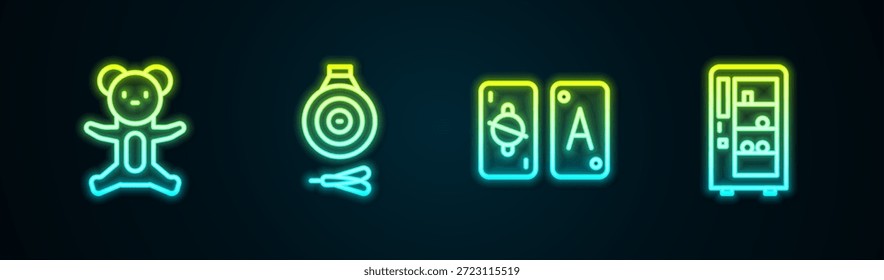 Juguete de la felpa del oso de peluche, tablero clásico del dardo y flecha, tarjetas del tarot y máquina expendedora. Icono de neón brillante. Vector