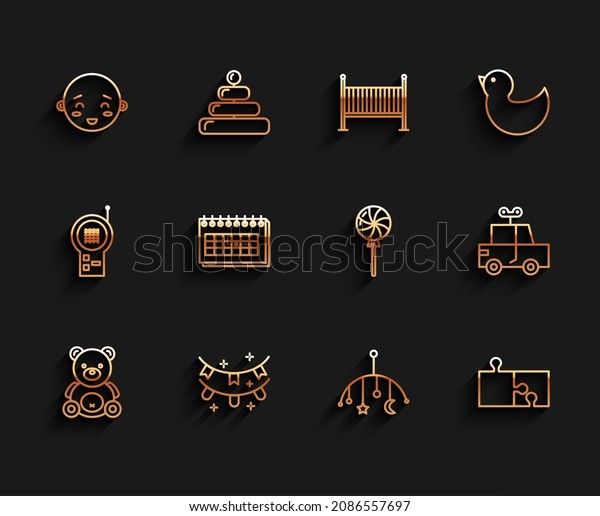 Set line Teddy bear\
plush toy, Carnival garland with flags, Happy little boy head, Baby\
crib hanging toys, Piece of puzzle, Calendar, Toy car and Lollipop\
icon. Vector
