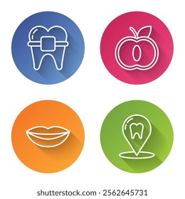 Set line Teeth with braces, Apple, Smiling lips and Dental clinic location. Color circle button. Vector