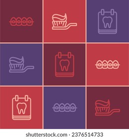 Set line Teeth with braces, Calendar tooth and Toothbrush toothpaste icon. Vector