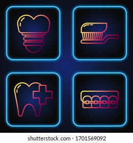 Set line Teeth with braces, Dental clinic for dental care tooth, Dental implant and Toothbrush with toothpaste. Gradient color icons. Vector