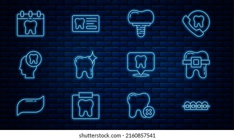 Fijar la línea Dientes con llaves, implante dental, blanqueamiento dental, Diente de cabeza humana, Calendario, ubicación clínica e icono de tarjeta. Vector