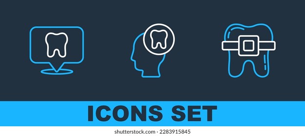 Set line Teeth with braces, Dental clinic location and Human head tooth icon. Vector