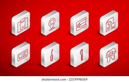 Set line Teeth with braces, Dental clinic location, Dentures model, card, floss, X-ray of tooth, explorer scaler and  icon. Vector