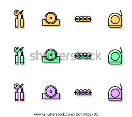 Set line Teeth with braces, Dental mirror and probe, Otolaryngological head reflector and floss icon. Vector