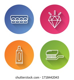 Set line Teeth with braces, Diamond teeth, Tube of toothpaste and Toothbrush with toothpaste. Color circle button. Vector