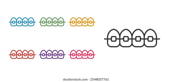 Dientes de la línea del sistema con el icono de los tirantes aislado en el fondo blanco. Alineación de mordida de dientes, fila dental con brackets. Concepto dental. Establecer iconos coloridos. Vector