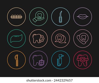 Set line Teeth with braces, Online dental care, Dental explorer scaler, Tooth treatment procedure, Toothpaste,  and  icon. Vector