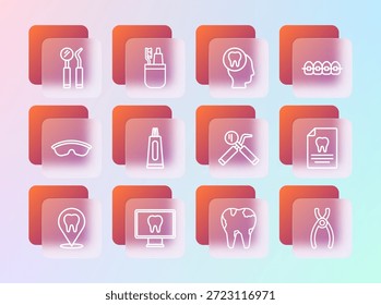 Definir linha Dentes com aparelho ortodôntico, Tratamento dentário online, Espelho e sonda dentária, Dente quebrado, Tubo de pasta de dente, Dor de dente e ícone Escova de dentes. Vetor