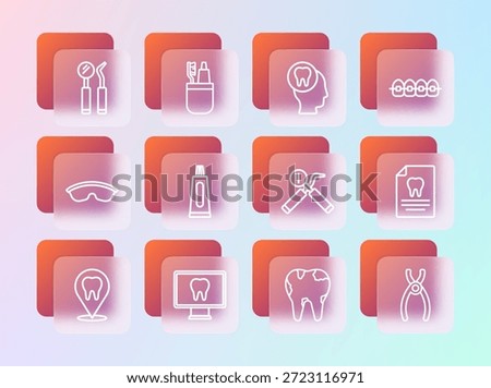 Set line Teeth with braces, Online dental care, Dental mirror and probe, Broken tooth, Tube of toothpaste, Toothache,  and Toothbrush icon. Vector