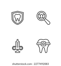 Set line Teeth with braces, Syringe, Dental protection and search icon. Vector