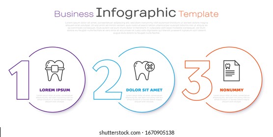 Set line Teeth with braces, Tooth with caries and Clipboard with dental card. Business infographic template. Vector