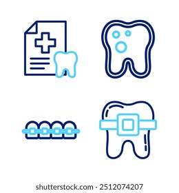 Definir linha Dentes com aparelho, cárie dentária e ícone do cartão dentário. Vetor