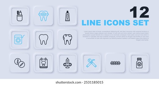 Definir linha Dentes com aparelho, Dente comprimido analgésico, espelho dentário e sonda, fio dental, Calendário dente, e ícone da seringa. Vetor