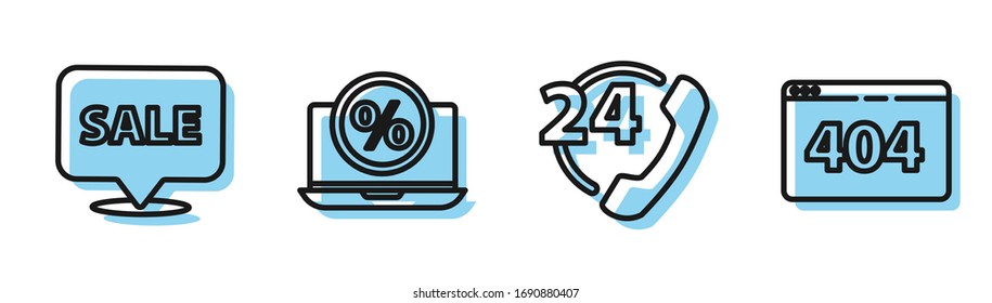Set line Telephone 24 hours support, Hanging sign with Sale, Percent discount and laptop and Page with a 404 error icon. Vector