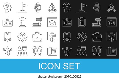 Set line Telephone 24 hours support, Key performance indicator, Online education, Smart watch, To do list planning, Identification badge, Head with question mark and Treadmill machine icon. Vector