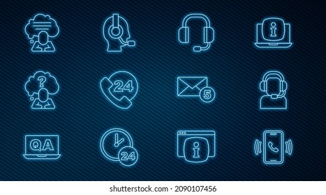 Set line Telephone 24 hours support, Man with a headset, Headphones, question mark, Speech bubble chat, New, email incoming message and  icon. Vector