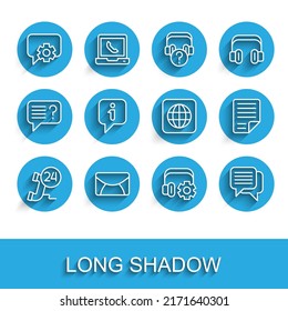 Set line Telephone 24 hours support, Mail and e-mail, Headphoneswith settings, Speech bubble chat, Information, File document and Worldwide icon. Vector