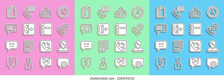 Set line Telephone 24 hours support, Call center location, Declined missed call, Signboard with text Help, Outgoing, Unknown search, Online quiz, test, survey and Notebook icon. Vector