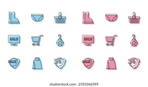 Set line Telephone 24 hours support, Paper shopping bag, Waterproof rubber boot, Shopping cart, Earring, Hanging sign with Sale and Underwear icon. Vector