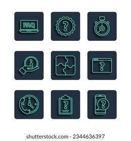 Set-line Telefon 24 Stunden Support, Zwischenablage mit Fragezeichen, Mobile, Stopp-Uhr, Stück von Puzzle, Information, Laptop und FAQ und Browser-Symbol. Vektorgrafik