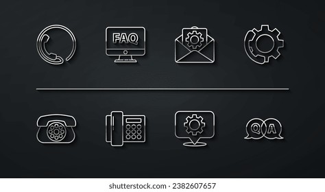 Set line Telephone 24 hours support, Location with gear, Computer monitor and FAQ, Question Answer and Envelope setting icon. Vector