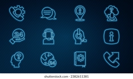 Set line Telephone 24 hours support, Information, Location with information, Man headset,  and Speech bubble chat icon. Vector