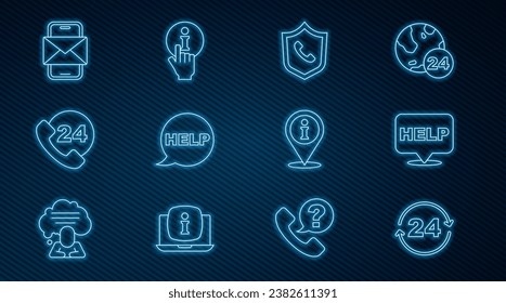 Set line Telephone 24 hours support, Speech bubble with text Help, Mobile and envelope, Location information and Information icon. Vector