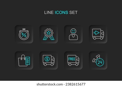 Set line Telephone 24 hours support, Free delivery service, Armored truck, Shopping list, Delivery cargo, Happy customer, Stars rating and Stopwatch percent discount icon. Vector