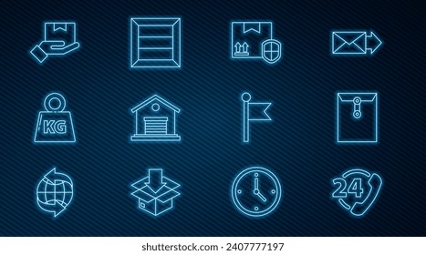 Set line Telephone 24 hours support, Envelope, Delivery pack security with shield, Warehouse, Weight, hand boxes, Location marker and Wooden icon. Vector
