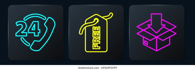Set line Telephone 24 hours support, Cardboard box with traffic symbol and Price tag with Free. Black square button. Vector