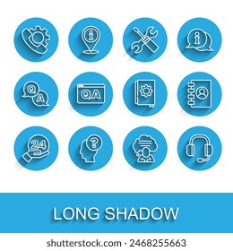 Set line Telefon 24 Stunden Support, Kopf mit Fragezeichen, Sprechblasen-Chat, Kopfhörer, Frage und Antwort, Adresse Buch und Benutzerhandbuch Symbol. Vektorgrafik