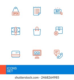 Set line Telephone 24 hours support, Online shopping screen, Credit card, Carton cardboard box, Stacks paper money cash, Paper bag, Buy button and Wish list template icon. Vector