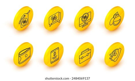 Set line Telephone 24 hours support, Briefcase, Paper check and financial check, Stacks paper money cash, Perfume, Percent discount monitor, Discount percent tag and  icon. Vector