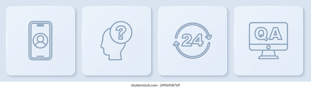 Set line Telephone 24 hours support, , Head with question mark and Question and Answer. White square button. Vector