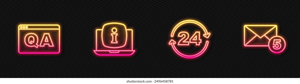 Set line Telephone 24 hours support, Question and Answer, Laptop with information and New, email incoming message. Glowing neon icon. Vector