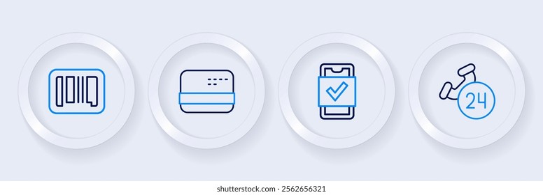 Set line Telephone 24 hours support, Mobile shopping, Credit card and Barcode icon. Vector