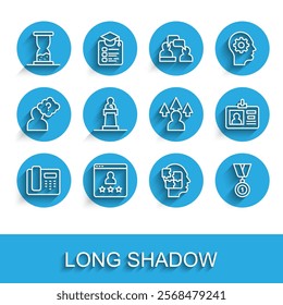 Set line Telephone 24 hours support, Customer product rating, Old hourglass with sand, Head puzzles strategy, Medal, Speaker, Identification badge and Front end development icon. Vector