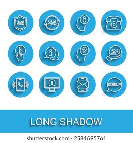 Set line Telephone 24 hours support, Monitor with information, Mobile and envelope, Speech bubble text Help, Information,  and Head question mark icon. Vector