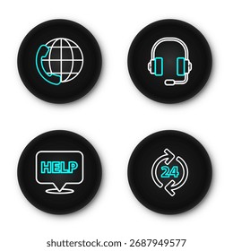 Set line Telephone 24 hours support, Speech bubble with text Help, Headphones and  icon. Vector