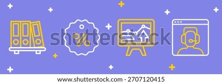 Set line Telephone 24 hours support, Monitor with graph chart, Discount percent tag and Office folders icon. Vector