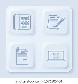 Set line Telephone, Blank notebook and pencil with eraser, File document and paper clip and Laptop and cross mark on screen. White square button. Vector