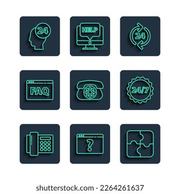 Set line Telephone, Browser with question mark, Piece of puzzle, 24 hours support, FAQ, Support operator in touch and Clock icon. Vector