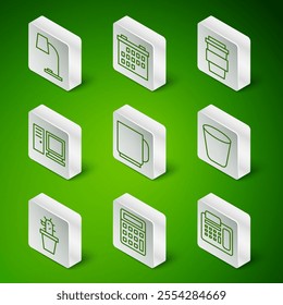 Set line Telephone, Calculator, Table lamp, Coffee cup, Computer monitor, Calendar, Cactus and succulent in pot and Trash can icon. Vector